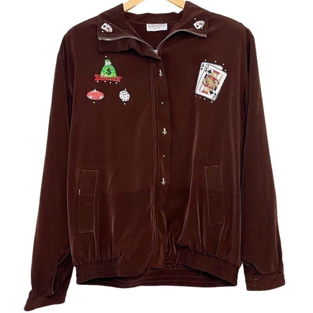 Vintage Just for Fun Casino Gabling Card Game Dice Zip Up Jacket Large